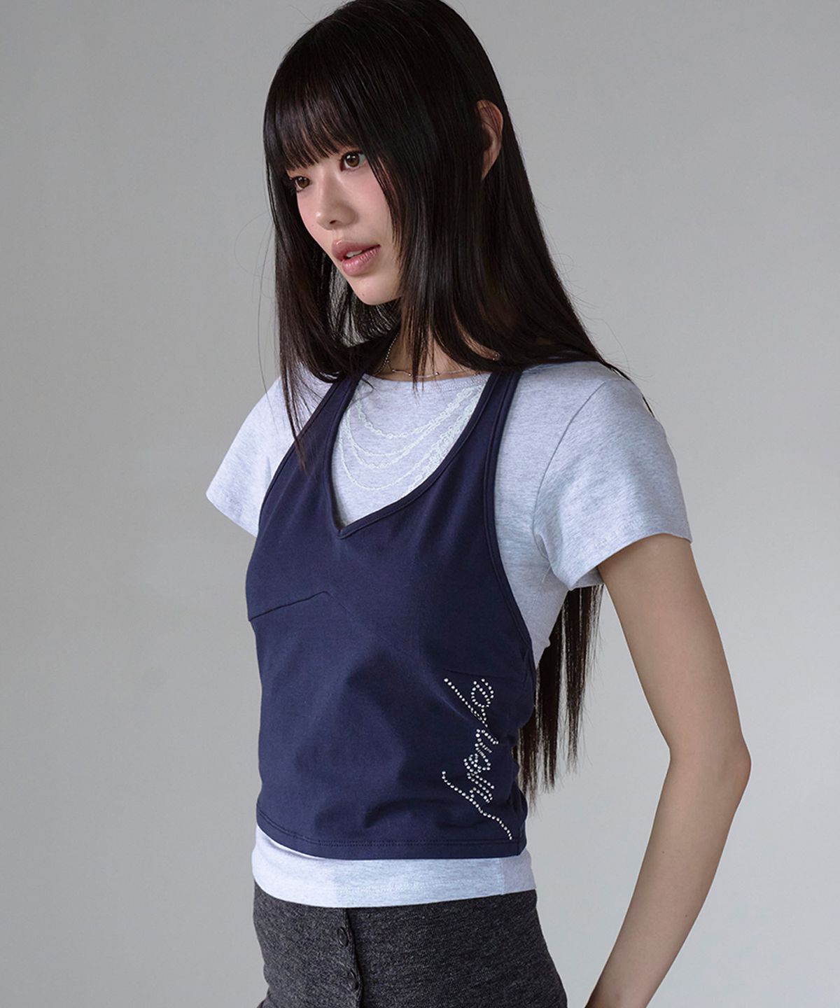 프렌다(PRENDA) CURVED LAYERED GRAPHIC TOP NAVY