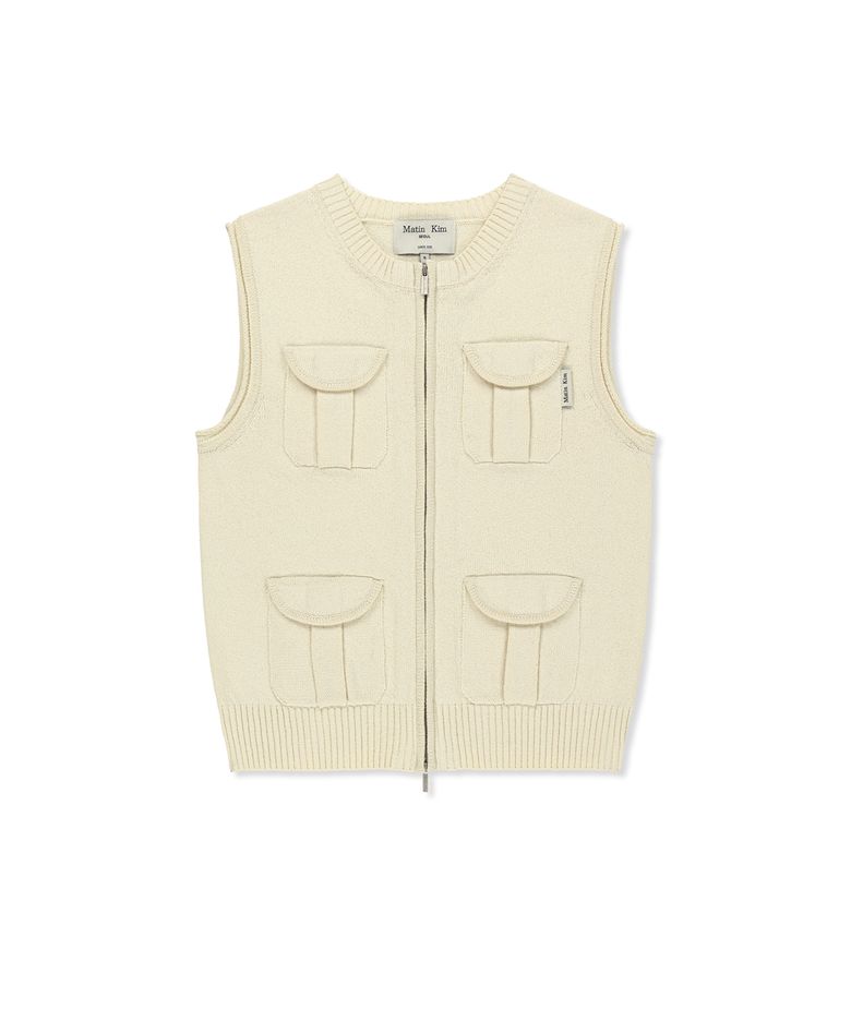 POCKET WASHED KNIT VEST IN LIGHT BEIGE