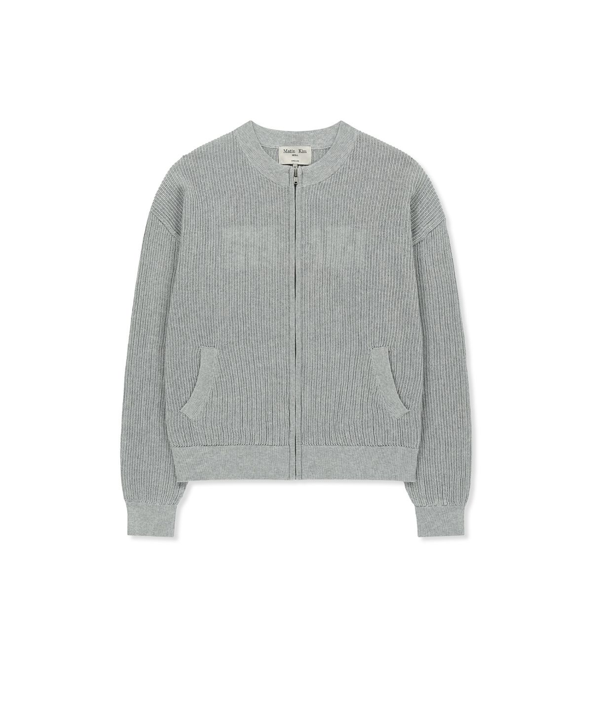 마뗑킴(MATIN KIM) BACK LOGO JACQUARD MESH KNIT ZIP UP IN LIGHT GREY