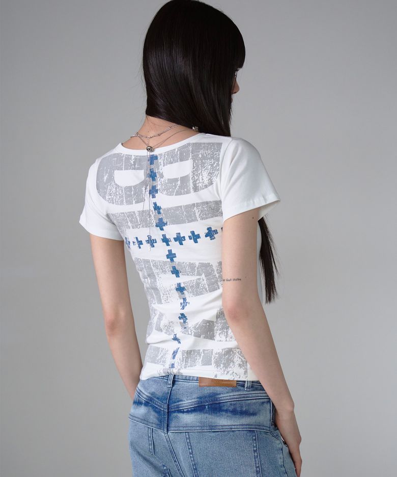DOUBLE CROSS BACK PRINT SHORT SLEEVE WHITE