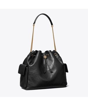 찰리 퀼티드 라지 드로스트링 숄더백 - 블랙