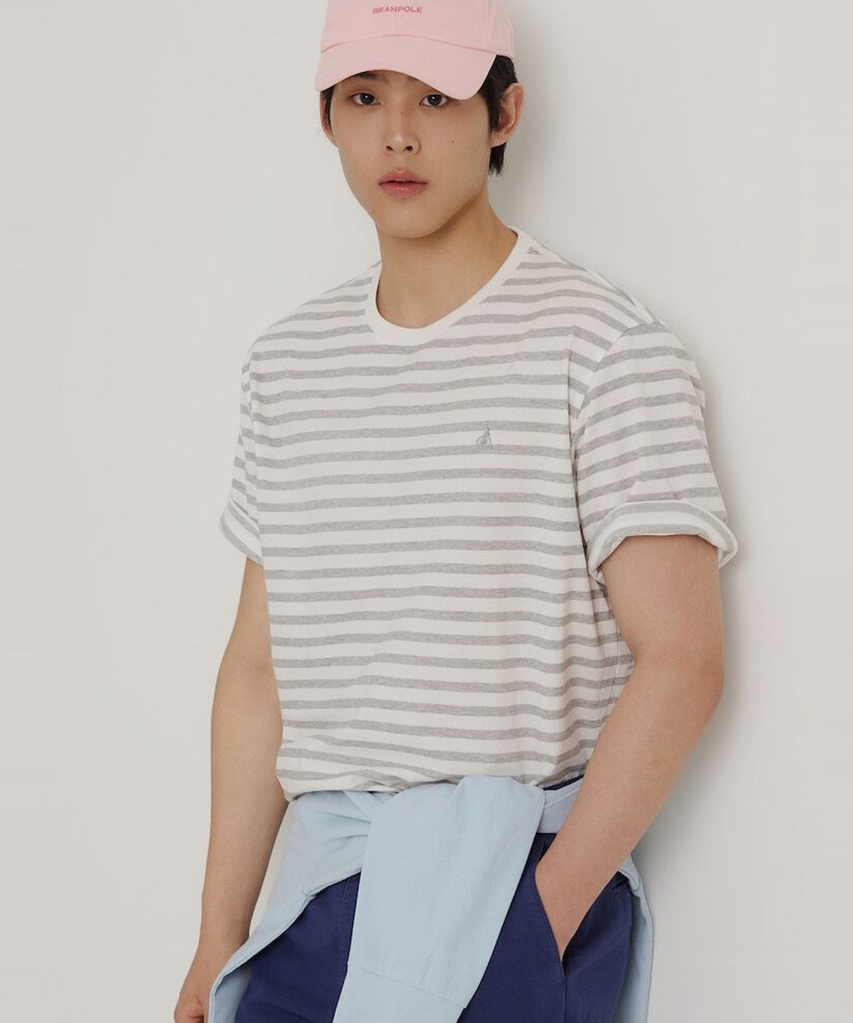 빈폴 멘(BEANPOLE MEN) 남녀공용 스트라이프 소로나 라운드넥 티셔츠  그레이