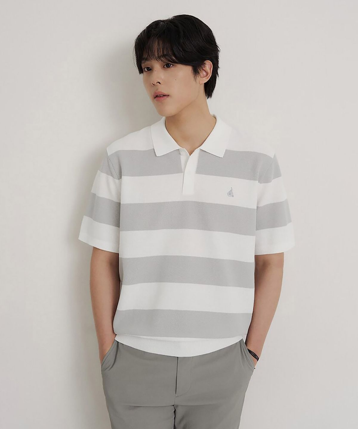 빈폴 멘(BEANPOLE MEN) 럭비 스트라이프 칼라넥 니트  라이트 그레이