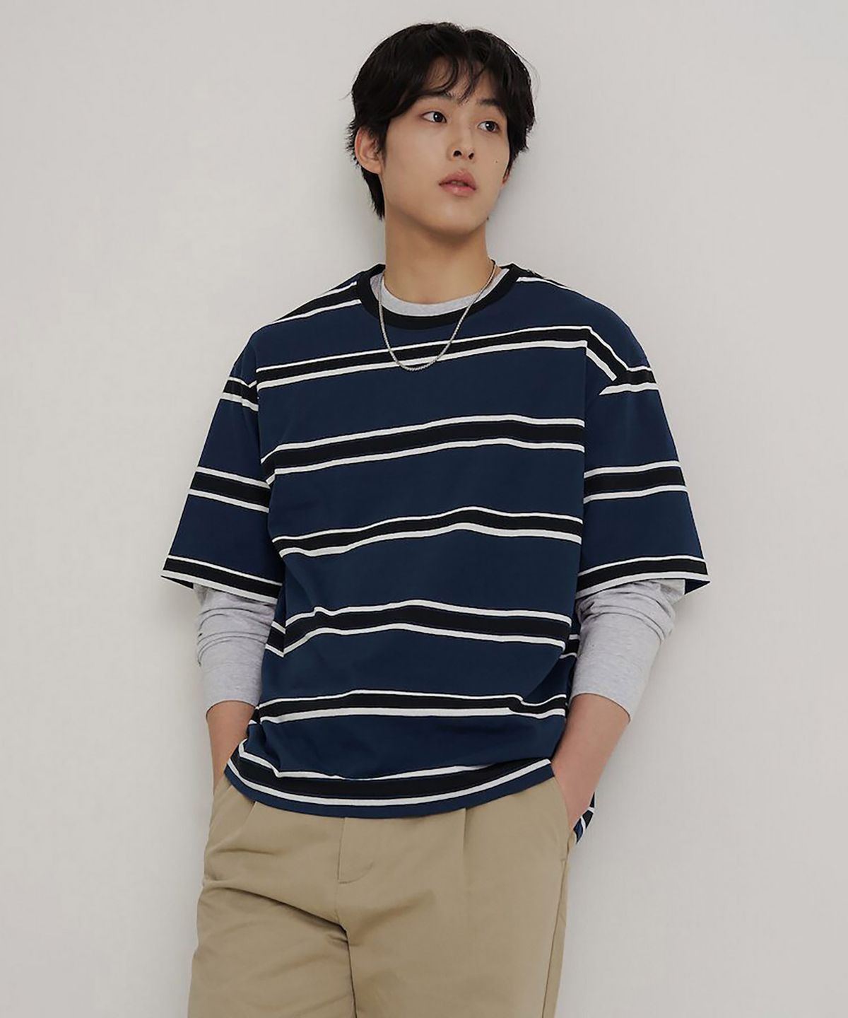 빈폴 멘(BEANPOLE MEN) 블루 스트라이프 반소매 티셔츠  네이비