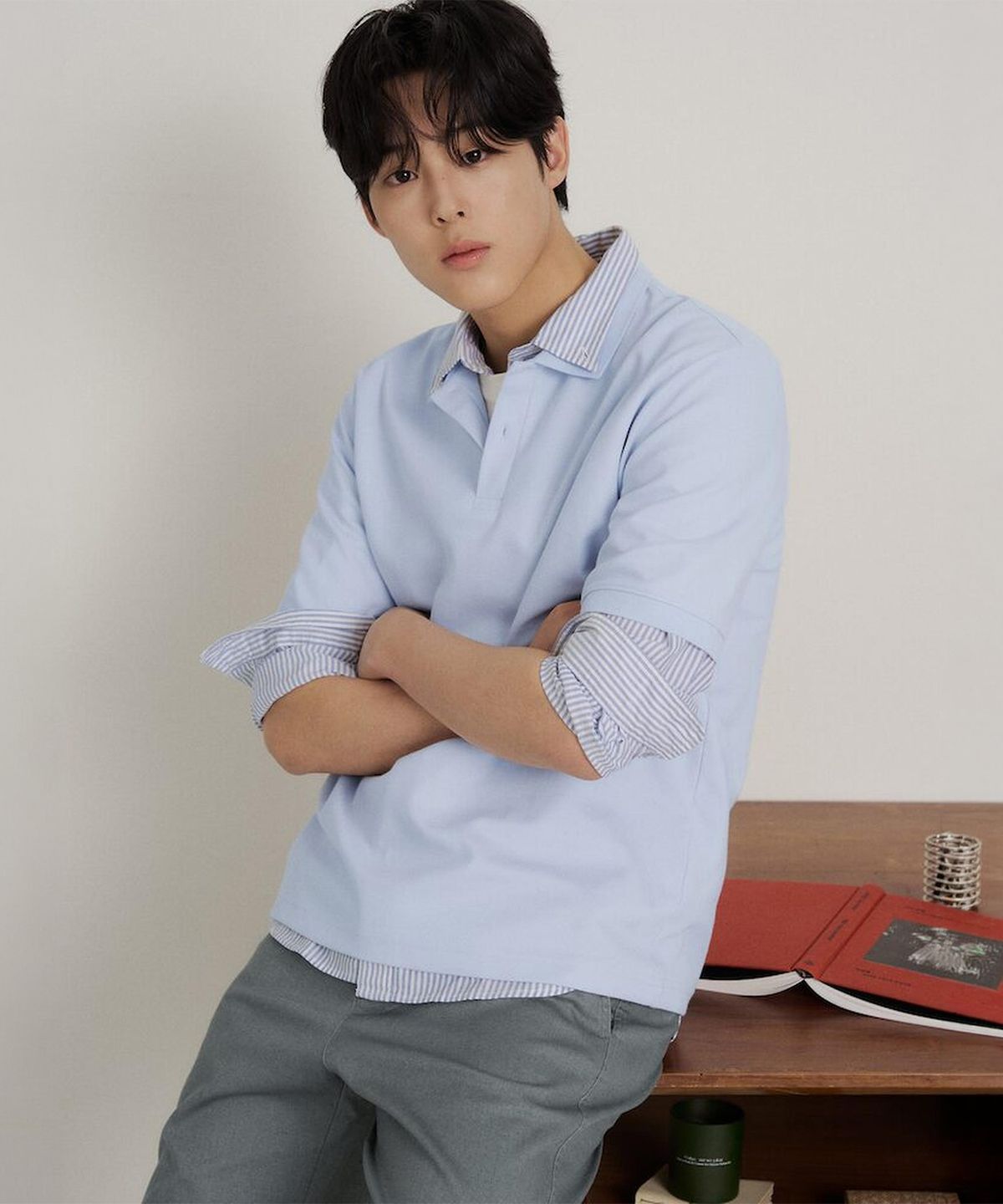 빈폴 멘(BEANPOLE MEN) 레이어드넥 텍스처 반소매 티셔츠  스카이 블루