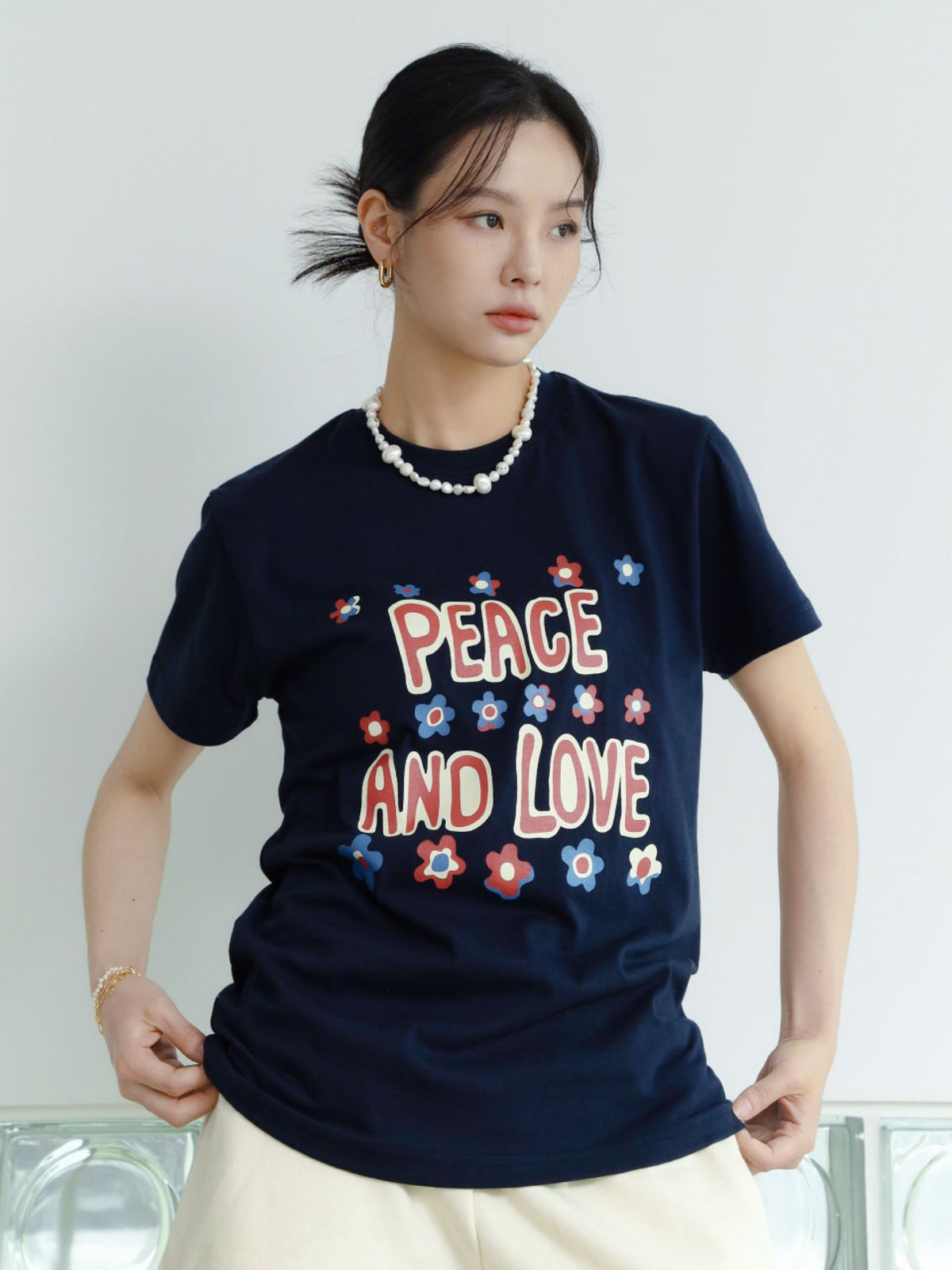 웨이브유니온(WAVE UNION) Peace and love T-shirt Navy