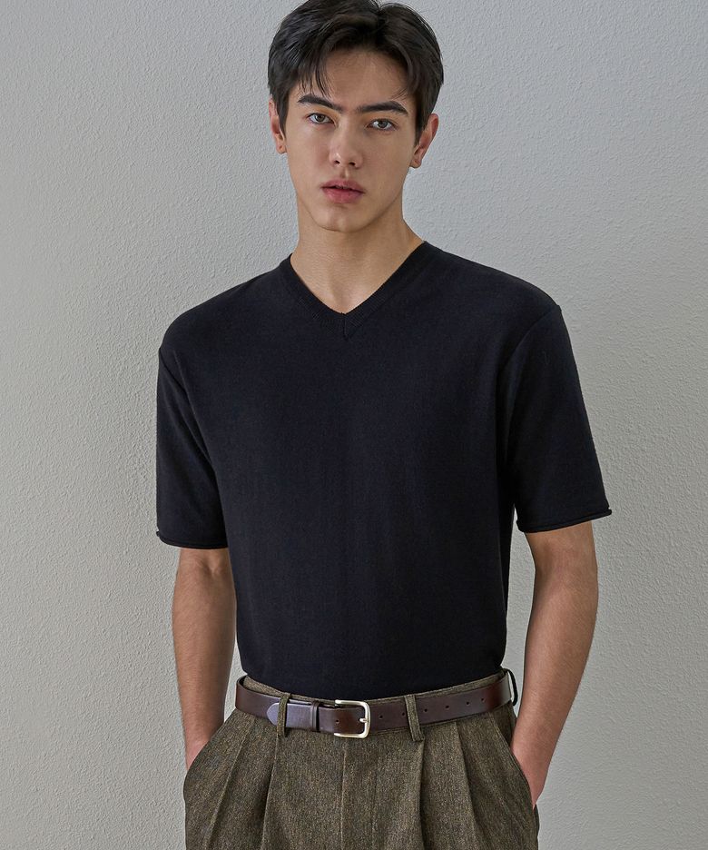 센트레 라인 썸머 브이넥 하프 니트_블랙
