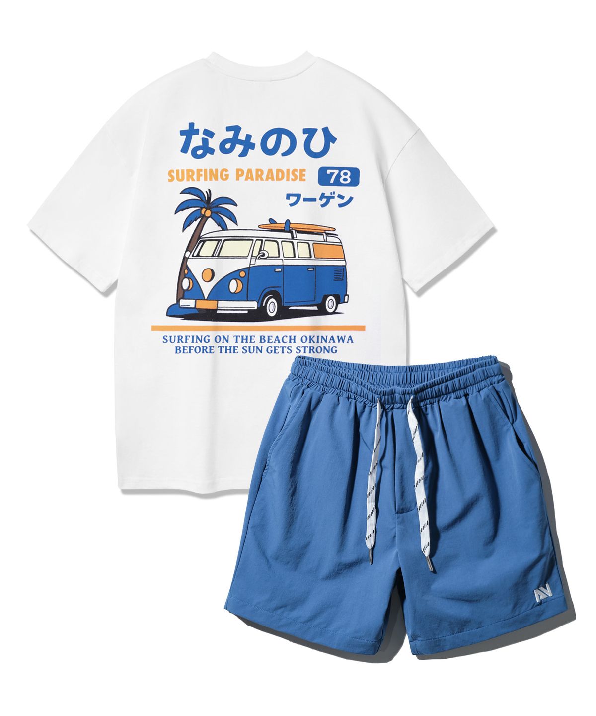 앨빈클로(ALVINCLO) [SET] CAMPER VAN 반팔티셔츠 스트링 포인트 우븐 반바지 셋업