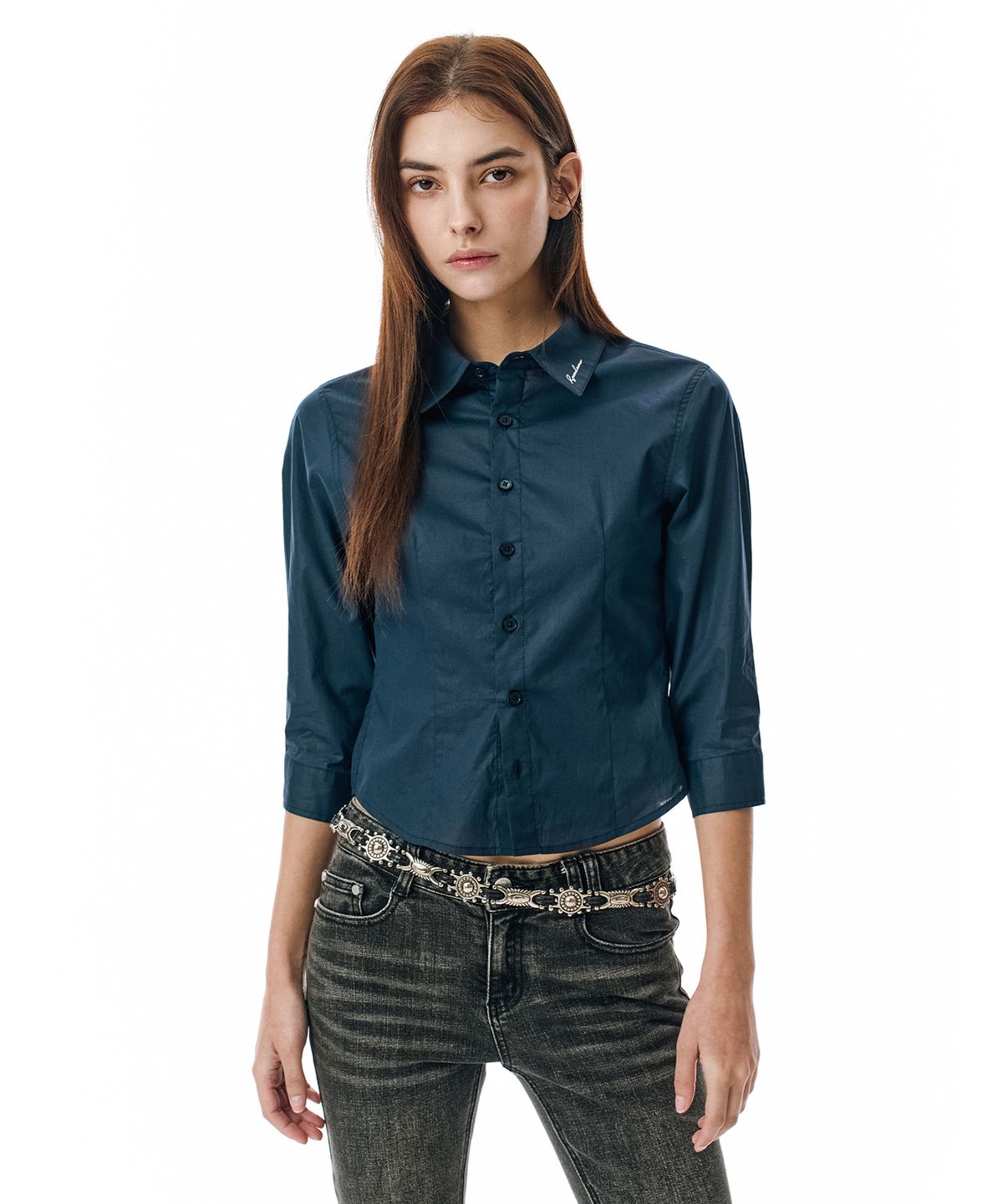 세컨모놀로그(SECONDMONO) Three-quarter Sleeve Shirt [NAVY]_SEWSH010NAVY
