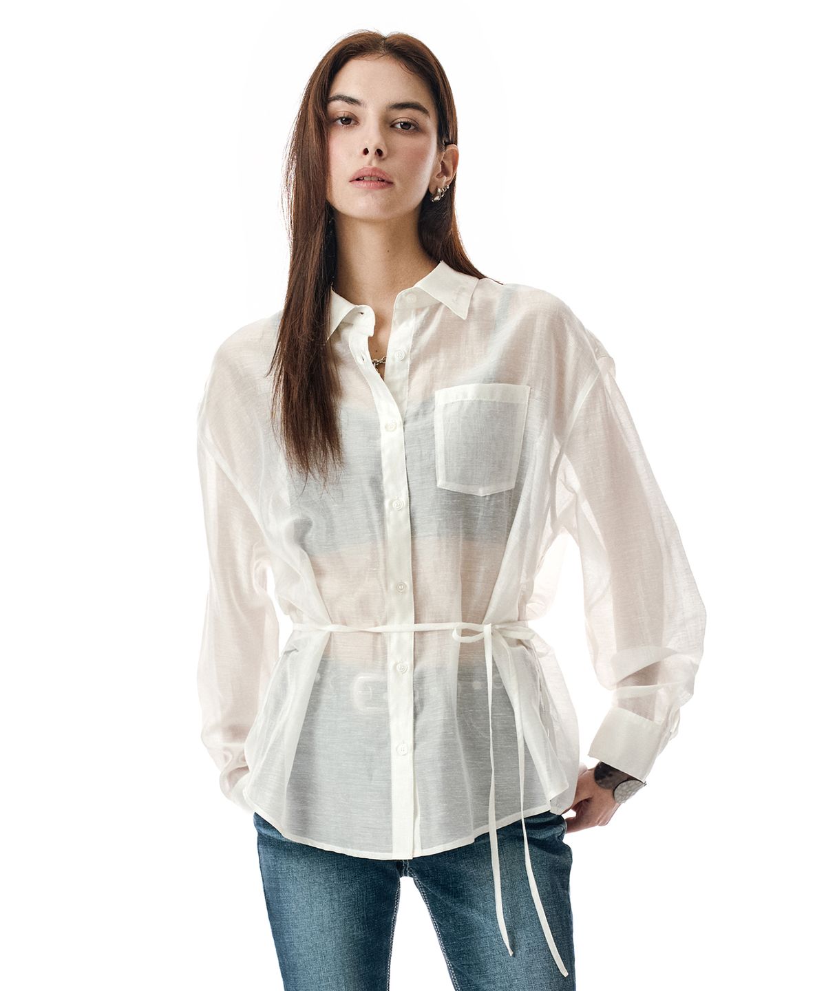 세컨모놀로그(SECONDMONO) Sheer Side Tuck Oversized Fit Shirt [IVORY]_SEWSH009IVORY
