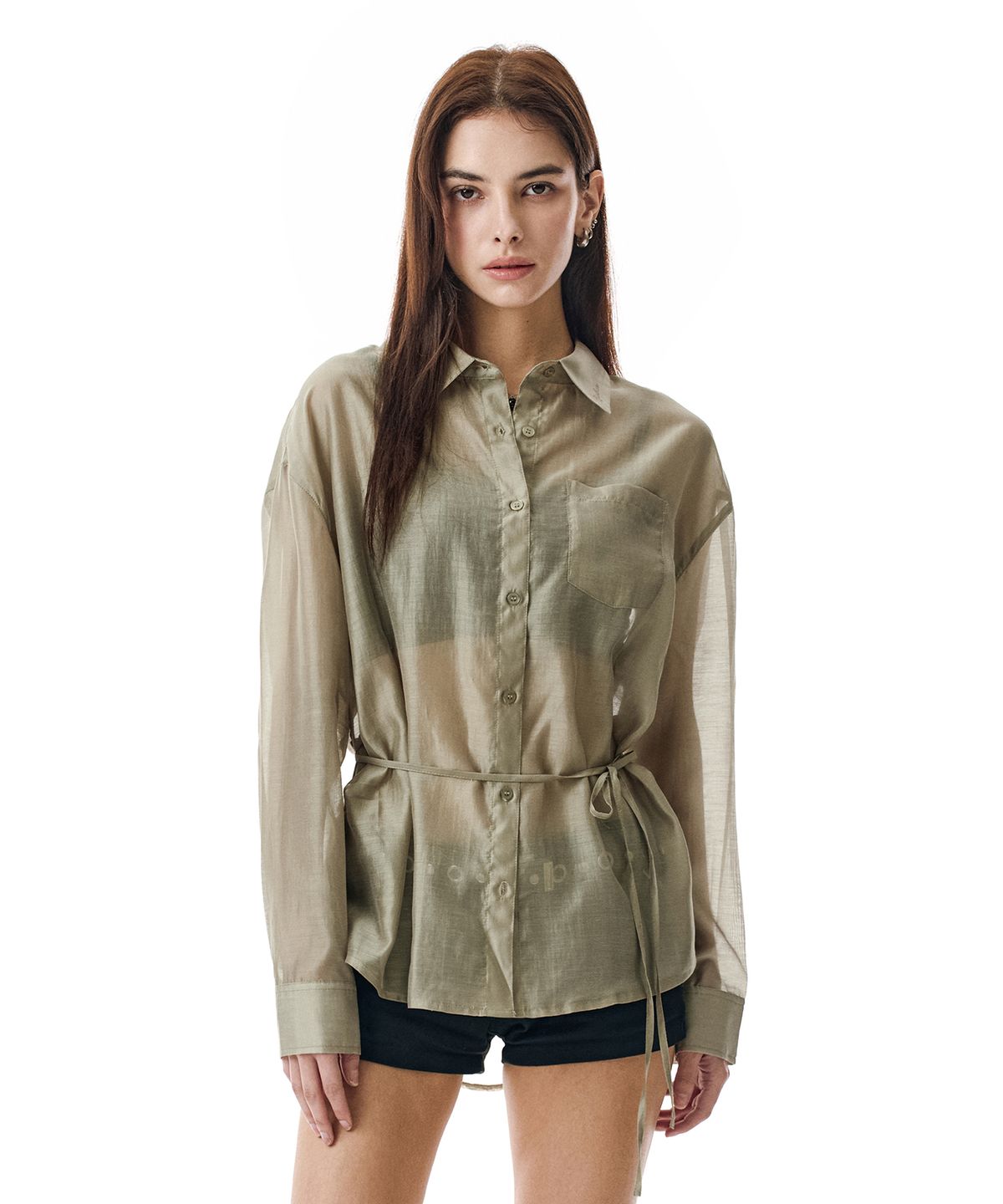 세컨모놀로그(SECONDMONO) Sheer Side Tuck Oversized Fit Shirt [TAUPE]_SEWSH009TAUPE
