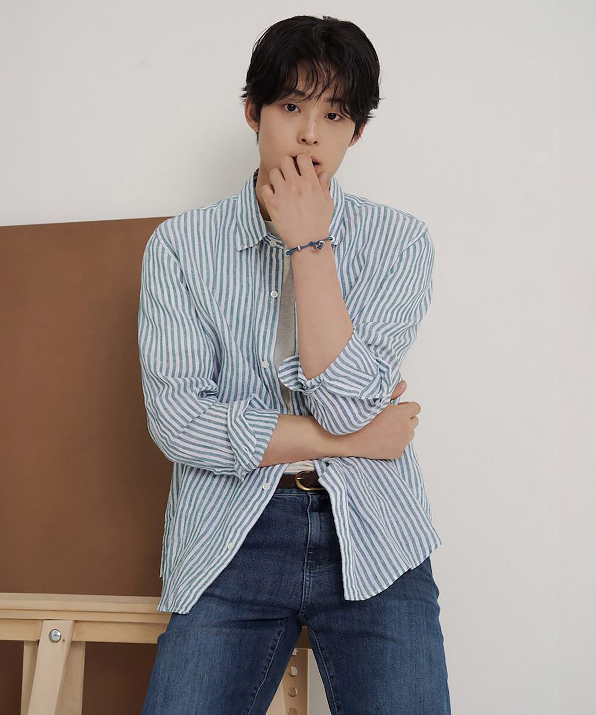 빈폴 멘(BEANPOLE MEN) 리넨 스트라이프 셔츠  그린