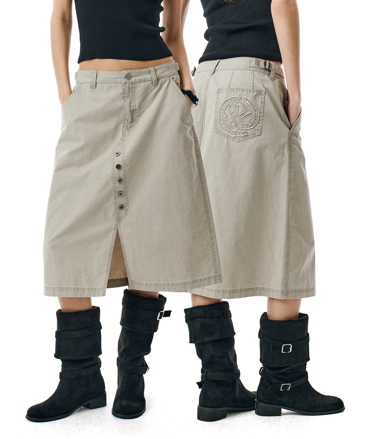 세컨모놀로그(SECONDMONO) Washed Button Detail Slit Midi Skirt [TAUPE]_SEWSK007TAUPE