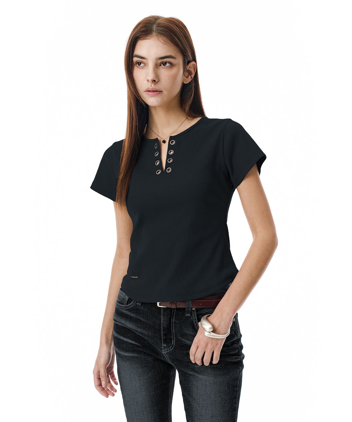 세컨모놀로그(SECONDMONO) Lace-Up Rib Slim Tee [BLACK]_SEWTS035BLACK