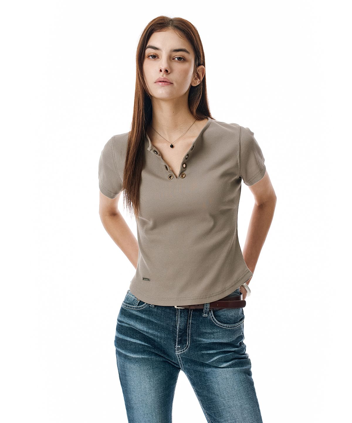 세컨모놀로그(SECONDMONO) Lace-Up Rib Slim Tee [DTBEIGE]_SEWTS035DTBEIGE