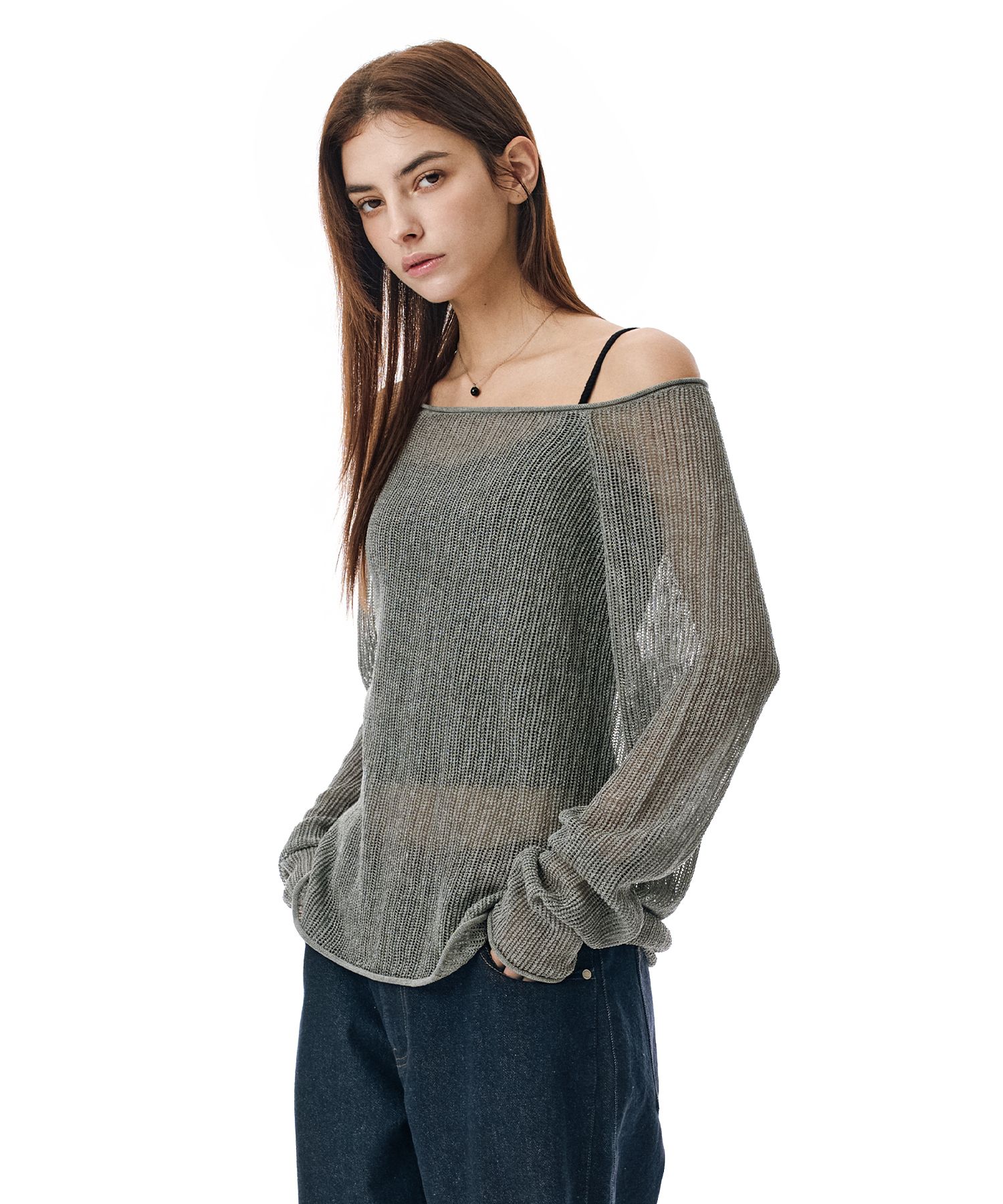 SECONDMONO_Openwork Boat Neck Knit [GRAY]_SEWKT010GRAY