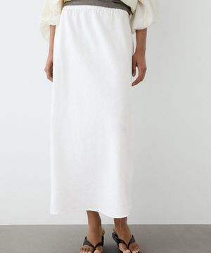 엘라스틱 웨이스트 100% 린넨 미디 스커트