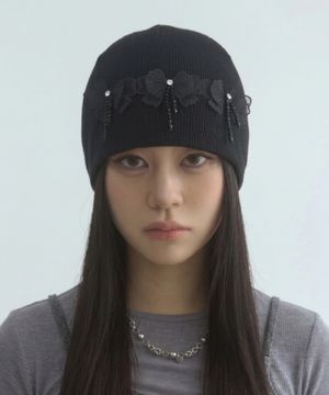 Ribbon Patch Waffle Beanie-Black