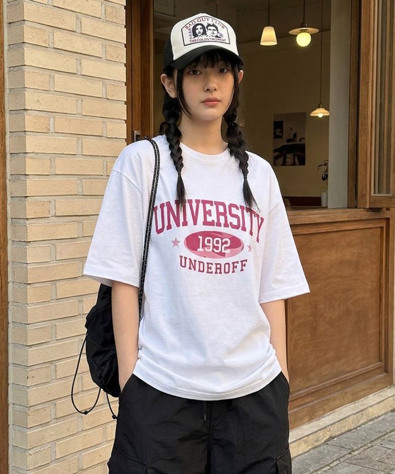 오버핏 크루넥 유니버시티카모 반팔 티셔츠 화이트핑크