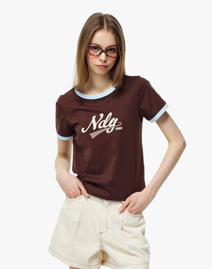 바시티 로고 링거 반팔 티셔츠 브라운