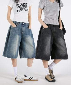 여자 숏롱 핀턱버뮤다 워싱데님반바지