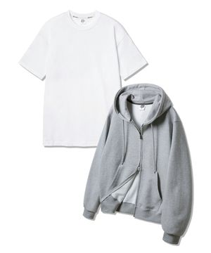 [2PACK] 무지 레귤러핏 투웨이 후드집업 레이어드 롱 반팔 티셔츠 패키지