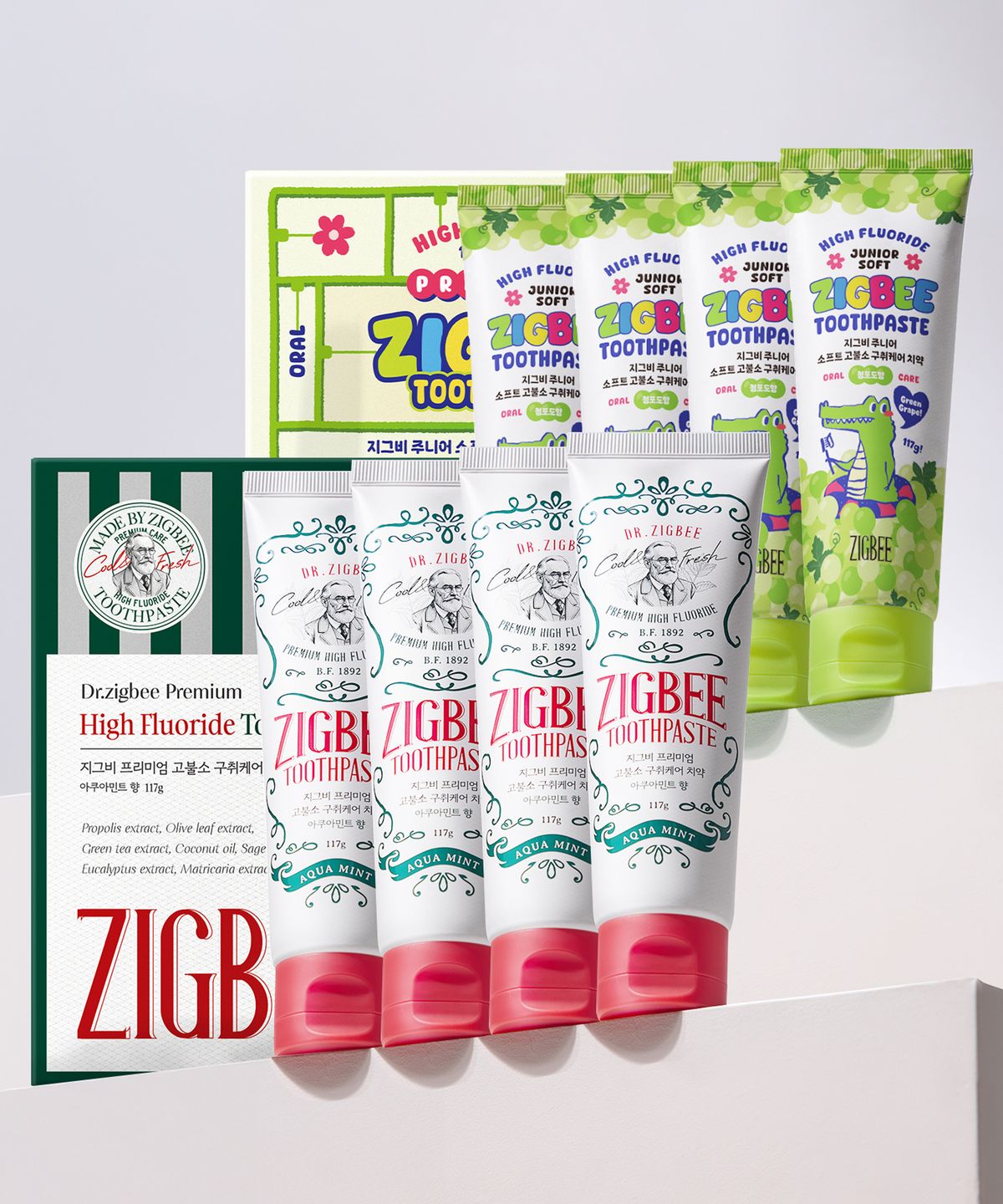 지그비(ZIGBEE) [구취+주니어세트] 고불소 구취케어 치약 아쿠아민트향 117g 4개입+주니어 고불소 치약 청포도 117g 4개