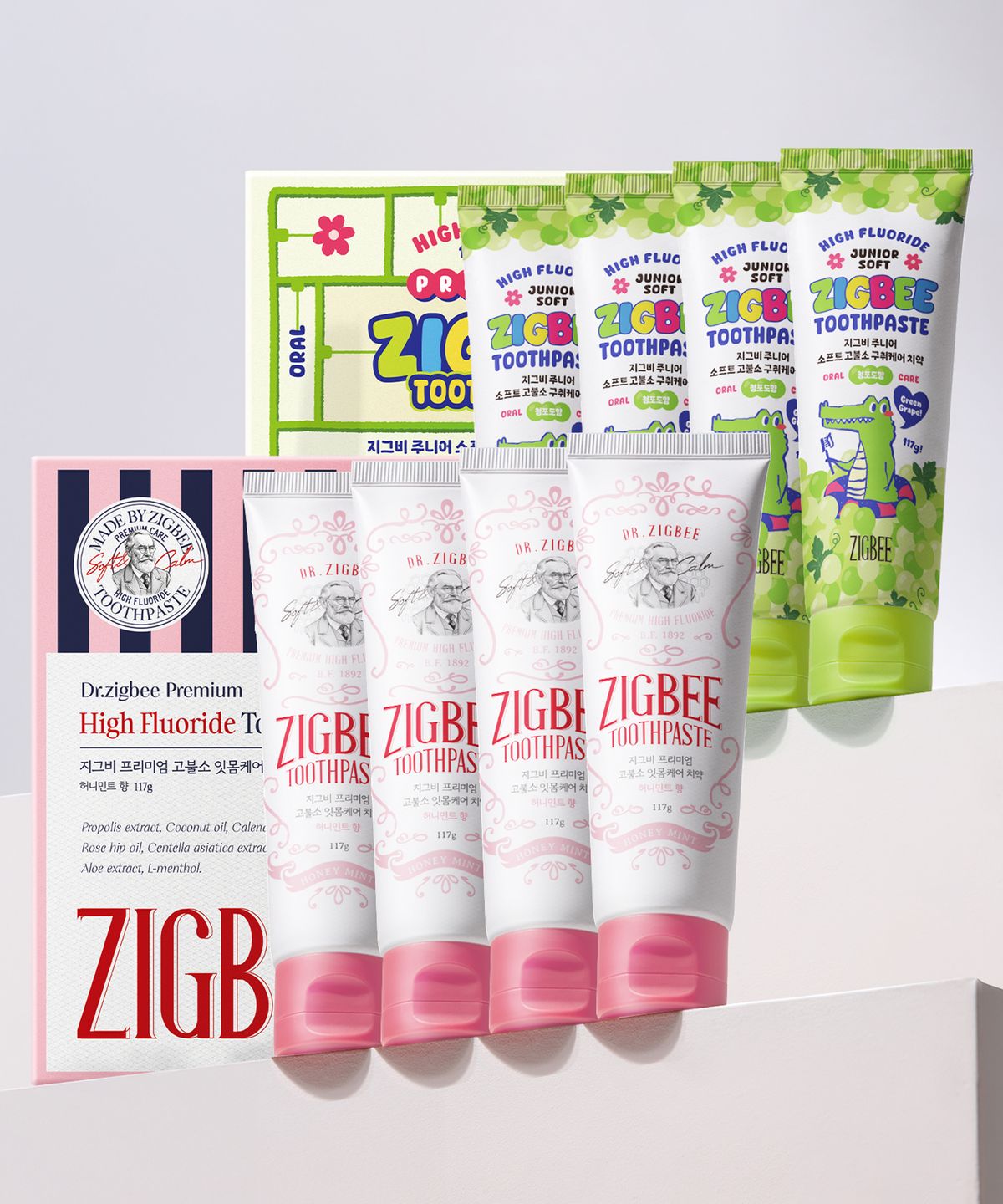 지그비(ZIGBEE) [잇몸+주니어세트] 고불소 잇몸케어 치약 허니민트향 117g 4개입+주니어 고불소 치약 청포도 117g 4개