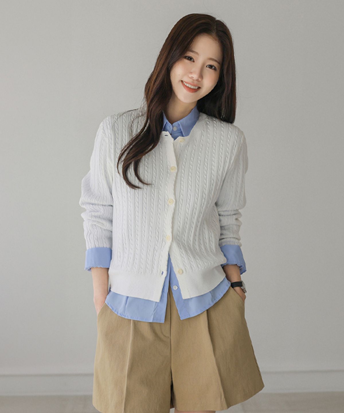 프렌치시크(FRENCHCHIC) [보풀케어] 비스코스 케이블 니트 가디건(라운드넥)_61CA1453