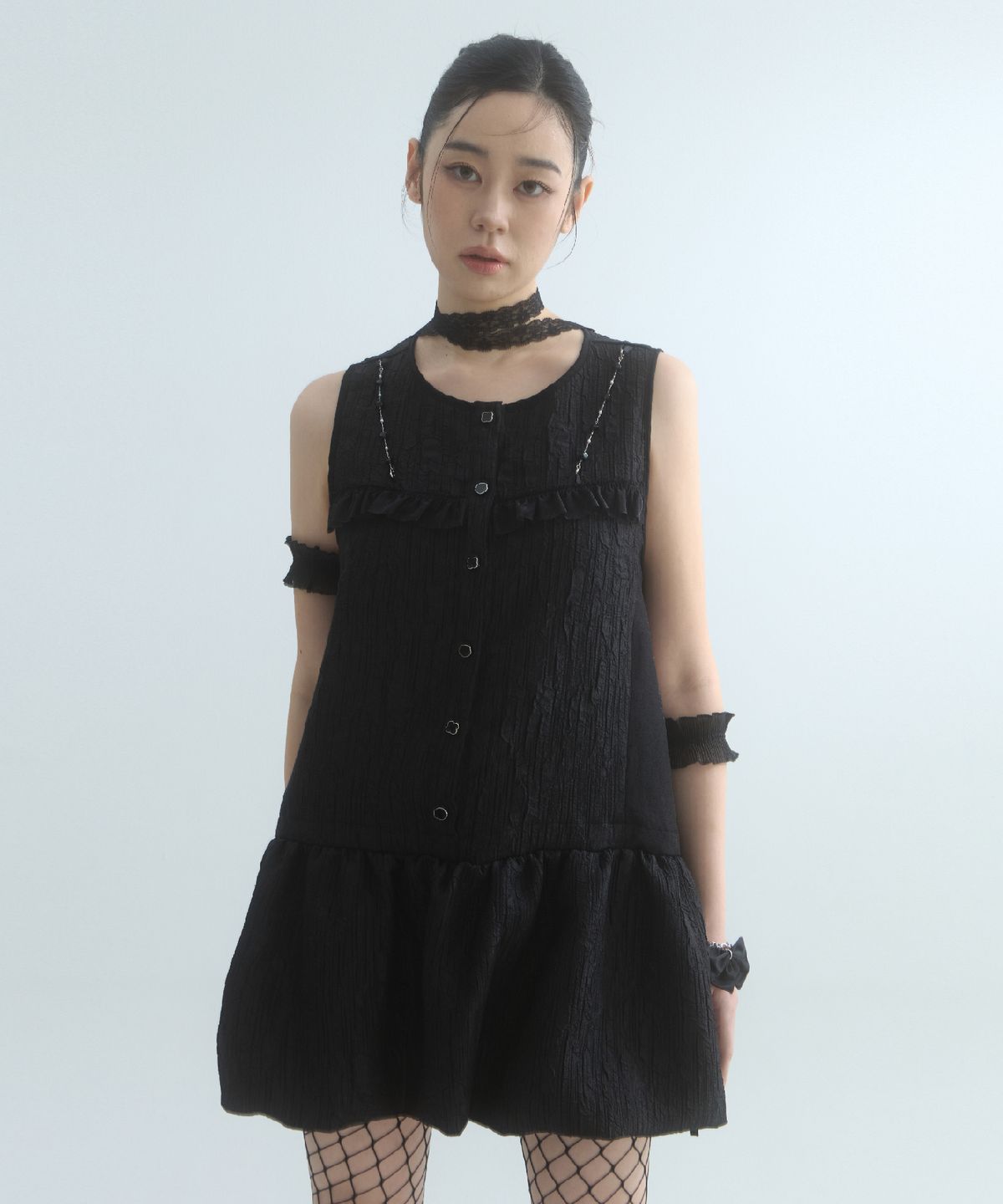 무아르모아(MOIREMOA) Veil Shirring Volume Dress-Black