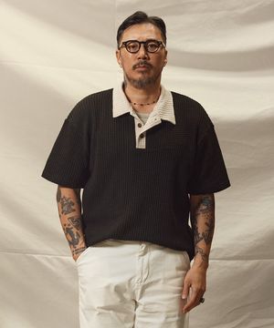 카라 배색 와플 반팔티 블랙