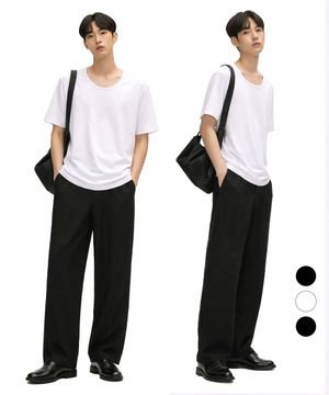 [SET] DANDY U-NECK COOL COTTON BASIC HALF T-SHIRT & WIDE BENDING SLACKS
