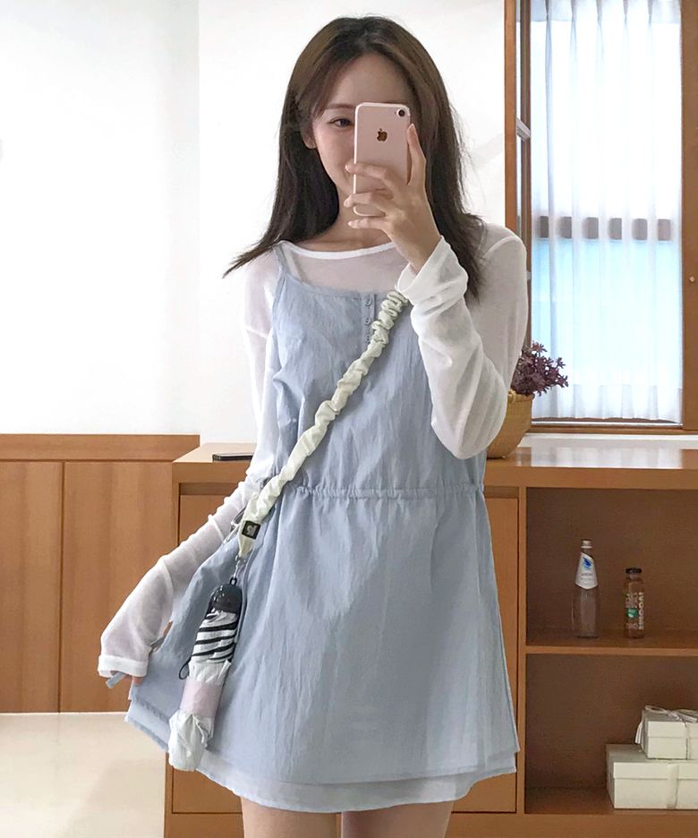 (우먼) 레이어드 슬리브리스 원피스_스카이 블루