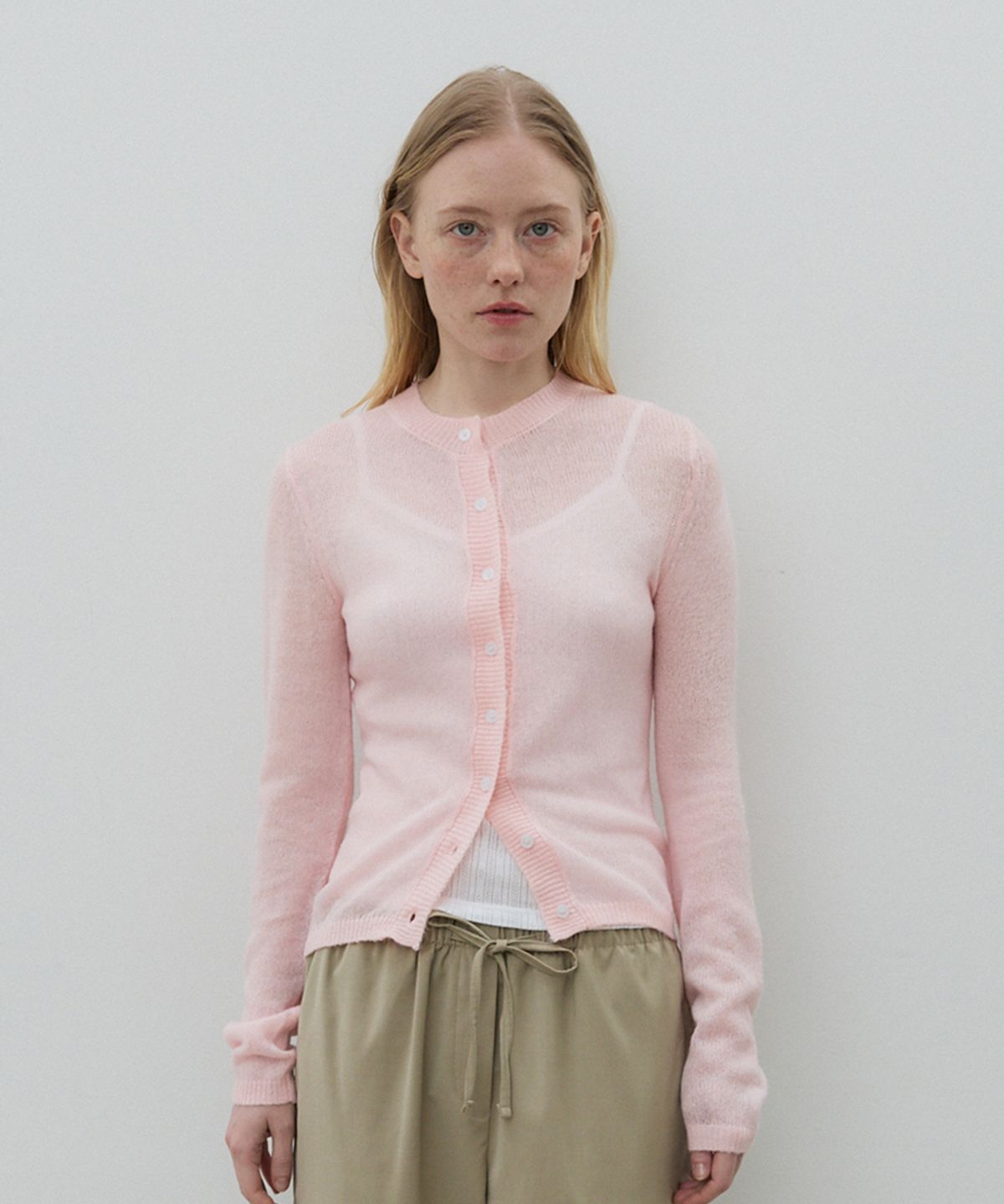 모헤(MOHAE) Sheer knit cardigan _ milky pink