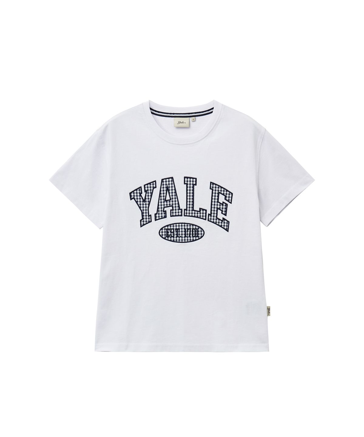 예일(YALE) 우먼즈 시어서커 체크 투톤 아치 티셔츠_화이트