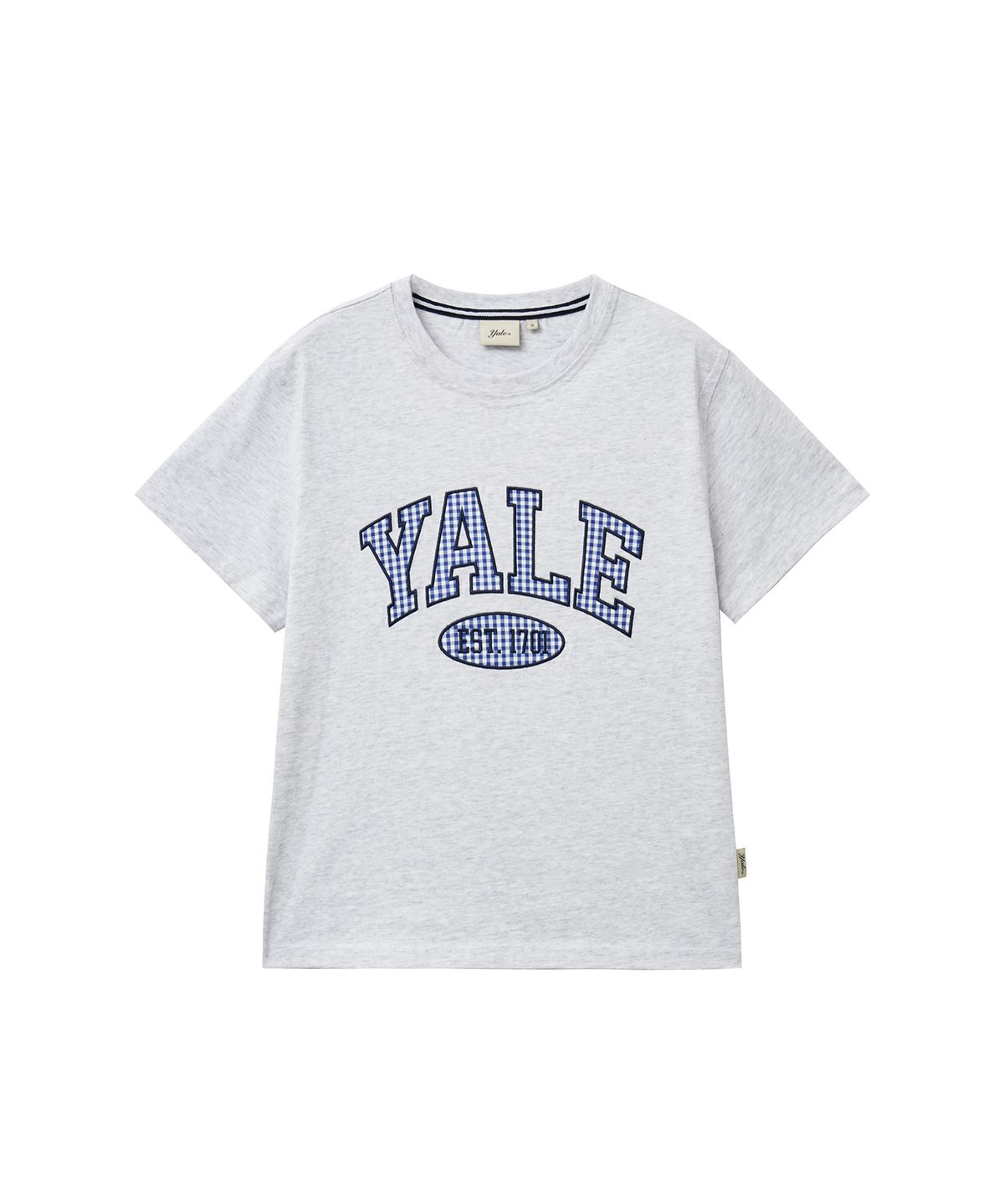 예일(YALE) 우먼즈 시어서커 체크 투톤 아치 티셔츠_라이트 그레이
