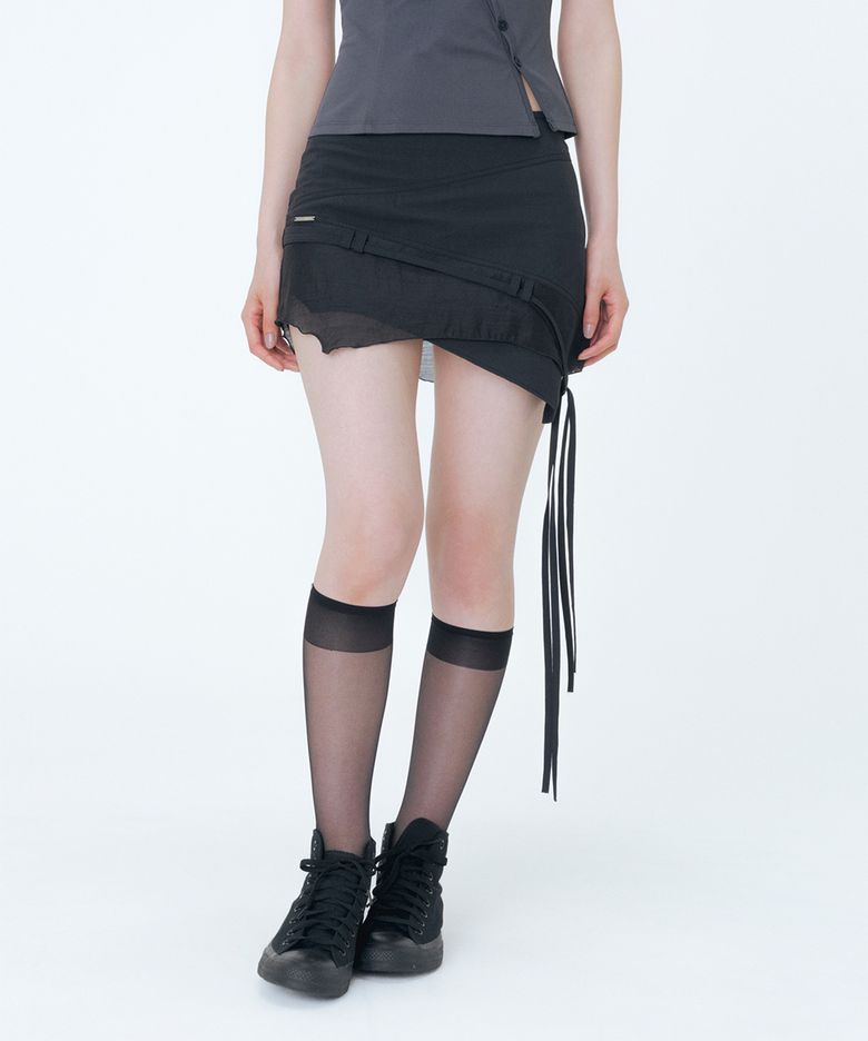 Diagonal sheer string mini skirt BLACK