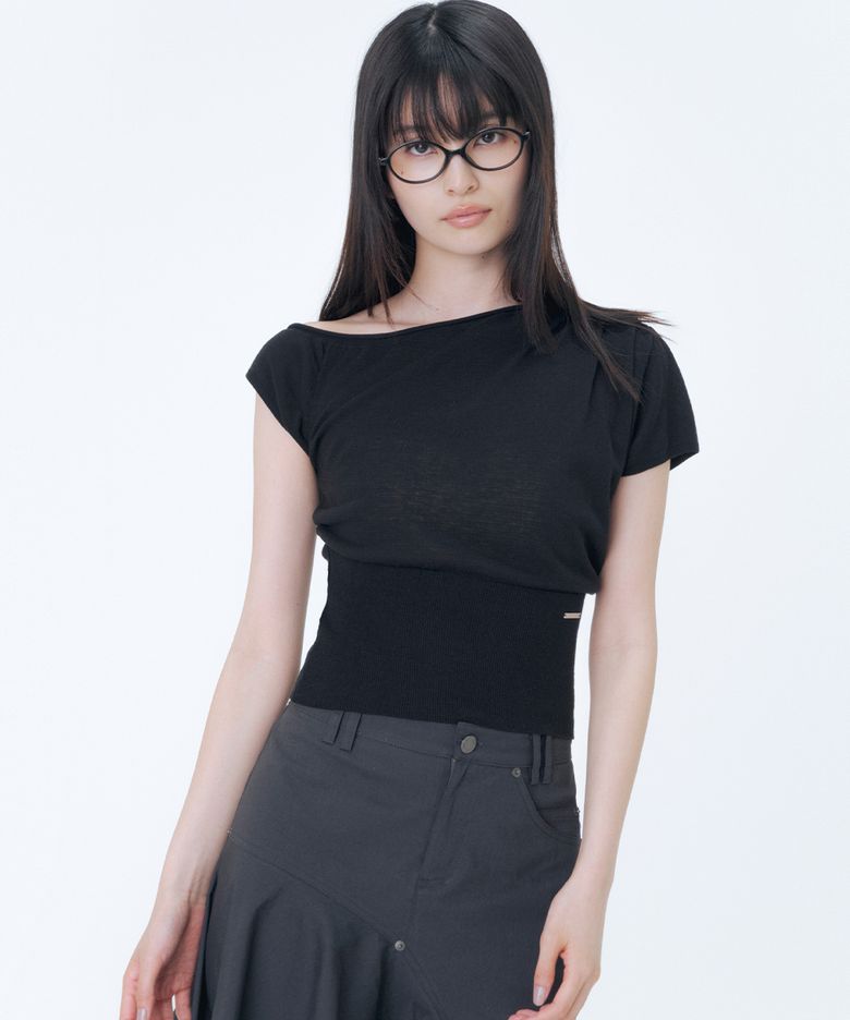 One shoulder sheer knit top BLACK