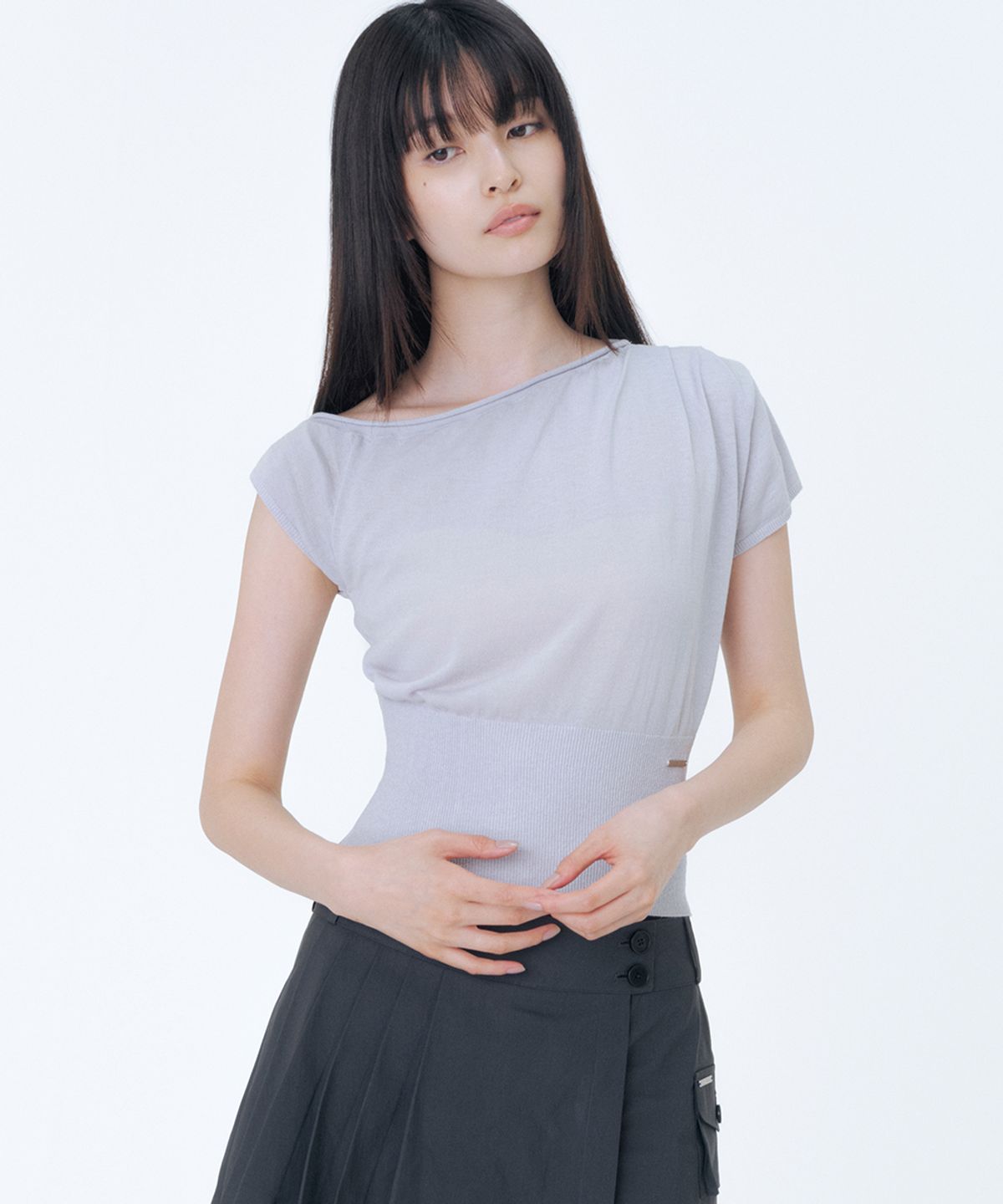 미세키서울(MISEKI SEOUL) One shoulder sheer knit top GREY