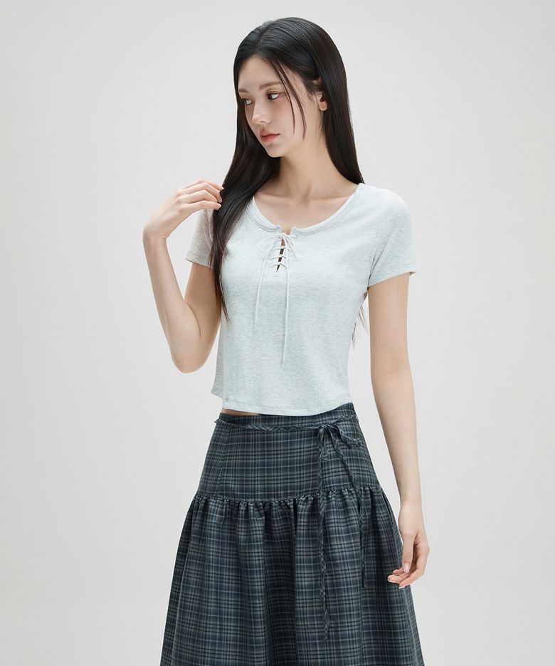 레이스업 절개 반팔 티셔츠 RE LWG33SS_MIWHWG51QS