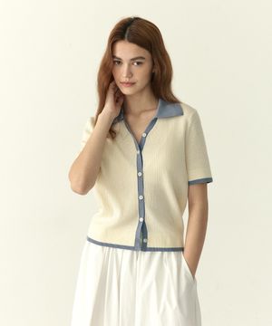 여성 배색 카라 반팔 가디건 - 2color [ZG2SW572]