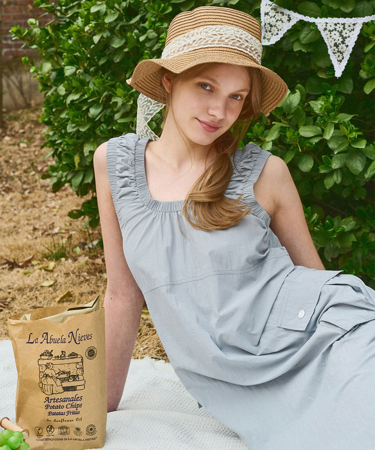 슬로우롤리(SLOWLOLLI) Gather pocket dress - Dusty blue