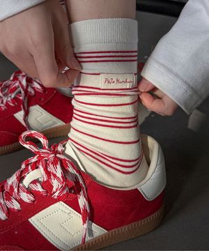 [2개 세트] 1335 빨강 스트라이프 여성 패션 양말 브랜드