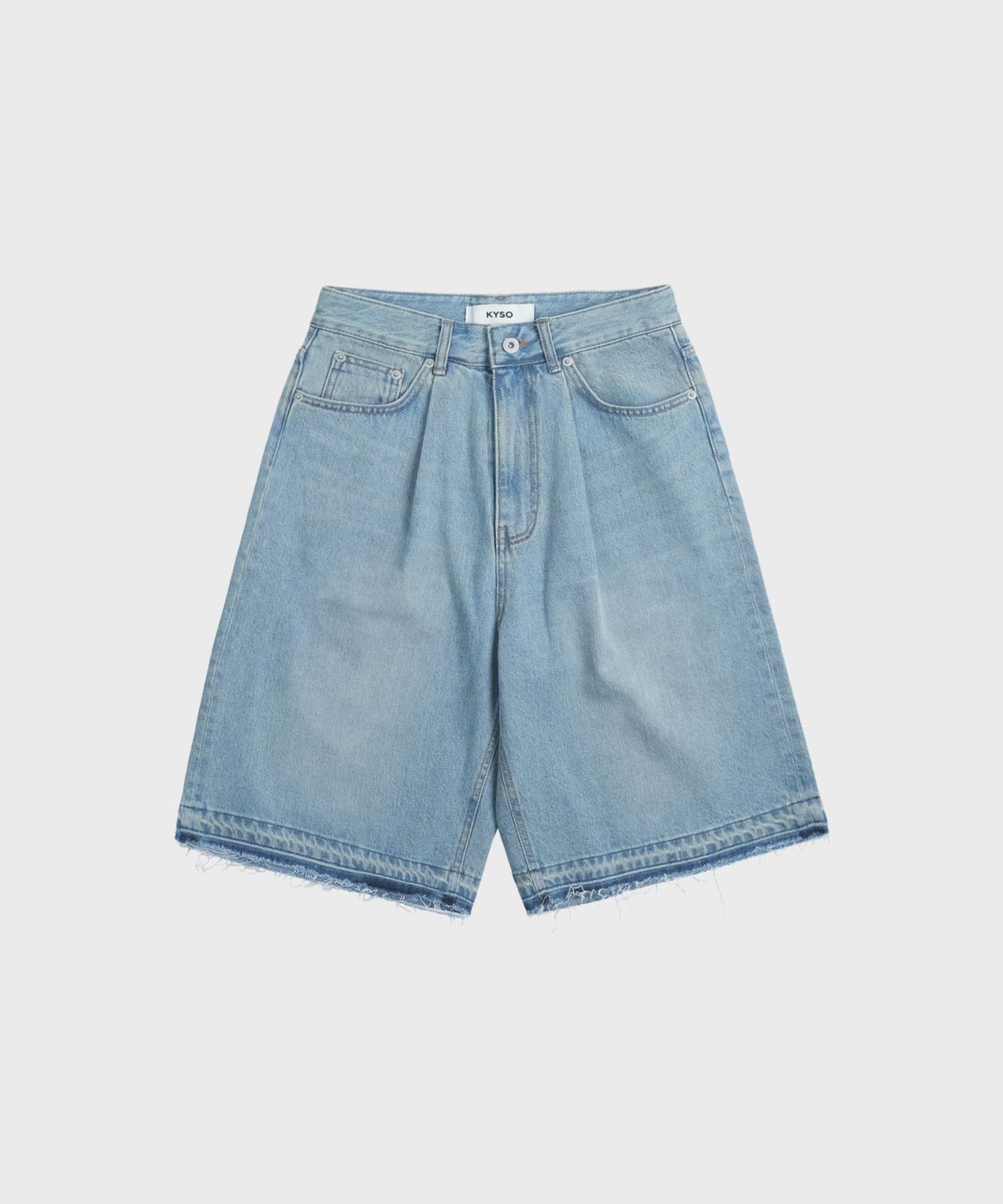 카이소(KYSO) 피스 심볼 버뮤다 데님 쇼츠 (프레이드 헴) 빈티지 워시드 블루