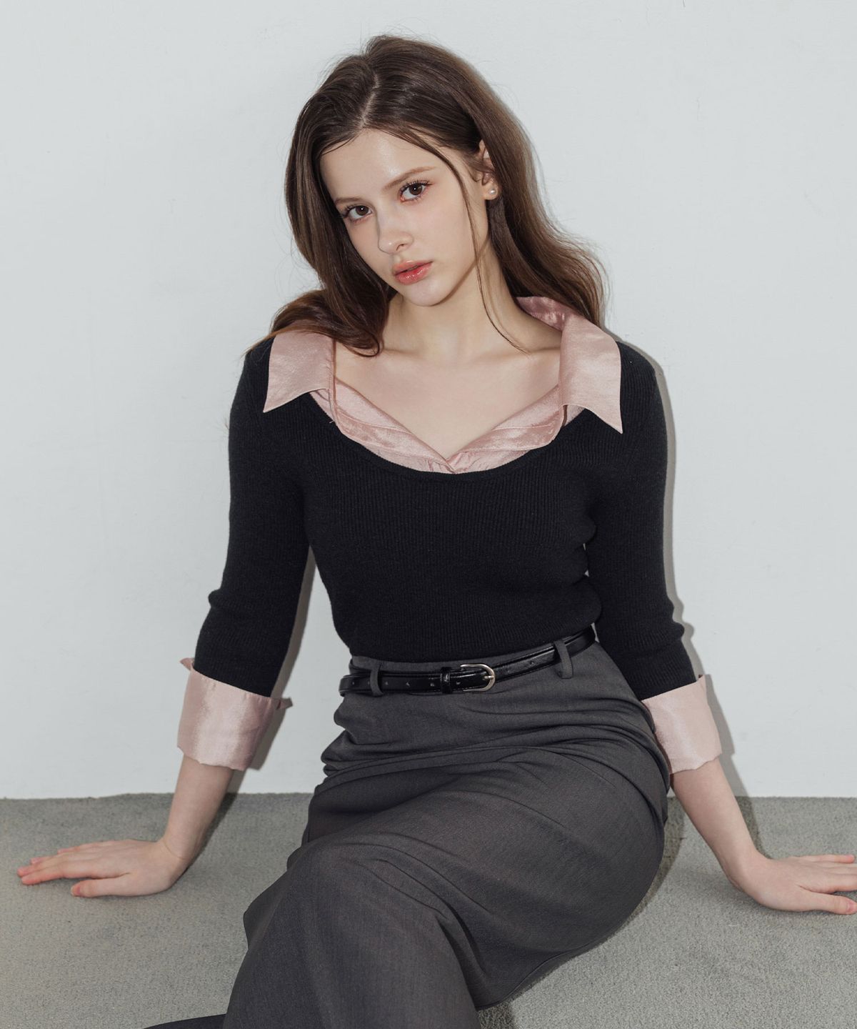 로트르드민(LAUTREDE MIN) [컬러추가] Layered sheer shirt knit