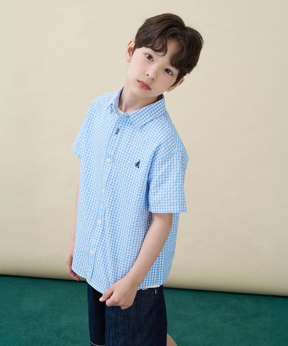 빈폴 키즈(BEANPOLE KIDS) 시어서커 깅엄체크 반소매 셔츠  스카이 블루 (BI6465U03Q)