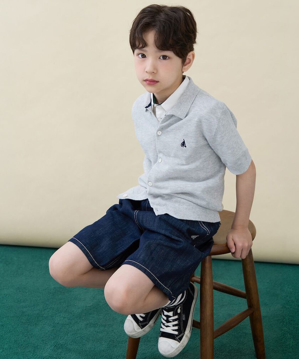 빈폴 키즈(BEANPOLE KIDS) [솔솔니트] 반소매 면 플레인 T칼라 가디건  그레이 (BI645AU023)