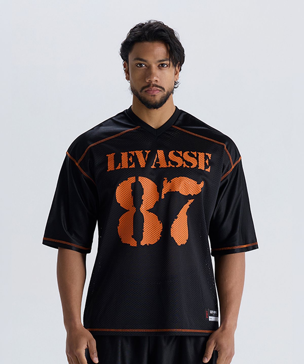 르바세(LEVASSE) Mesh Rugby Shirt – Black (Orange Logo)