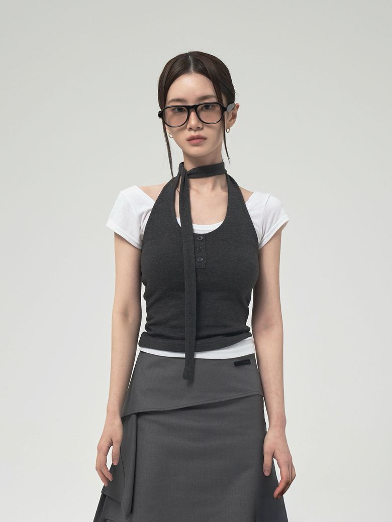 LONG TIE HALTER TOP_CHARCOAL