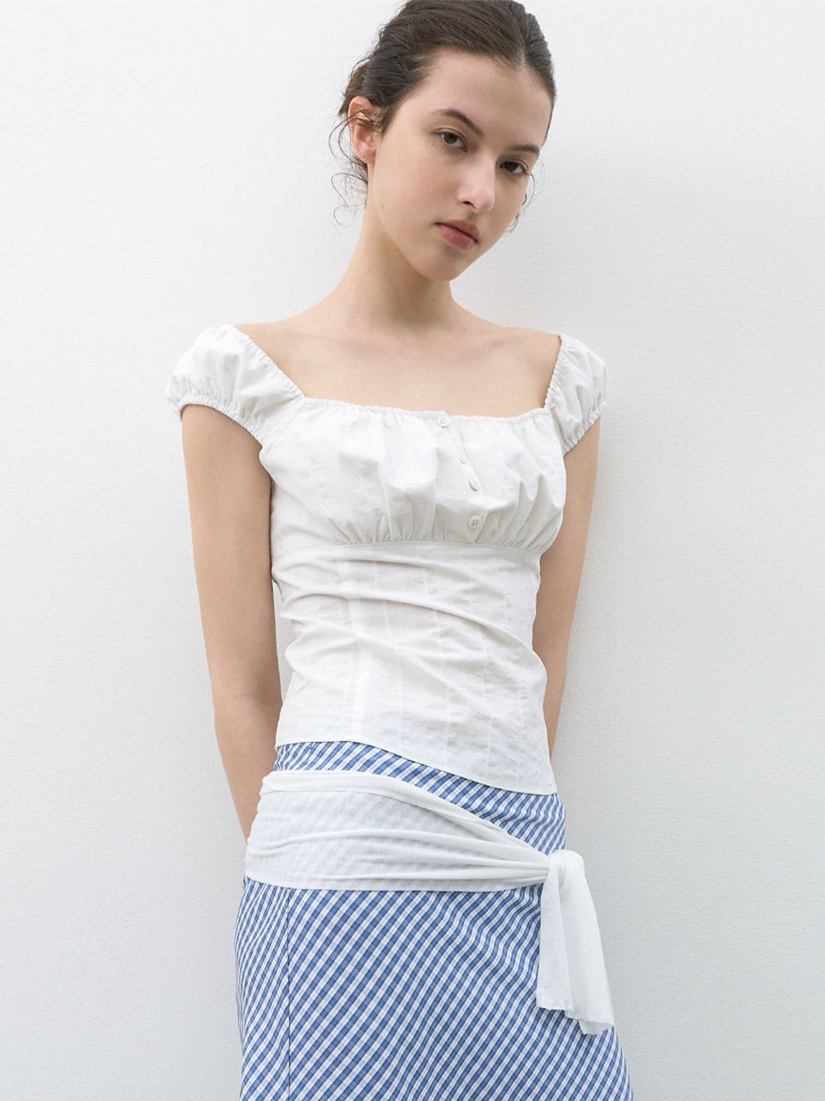 아틀리에 나인(ATELIER NAIN) COTTON SLIM SHIRRING BLOUSE (BL-4408)